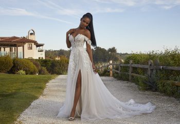 Morilee A-line lace wedding dress with 3d flowers plunging neckline and a skirt split
