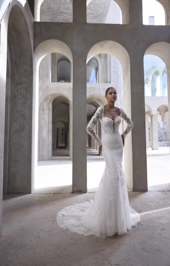 Morilee fit and flare wedding dress Vasiliki style 2940 a lace corset bodice.