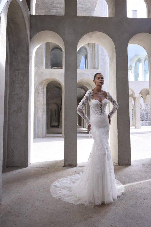 Morilee fit and flare wedding dress Vasiliki style 2940 a lace corset bodice.
