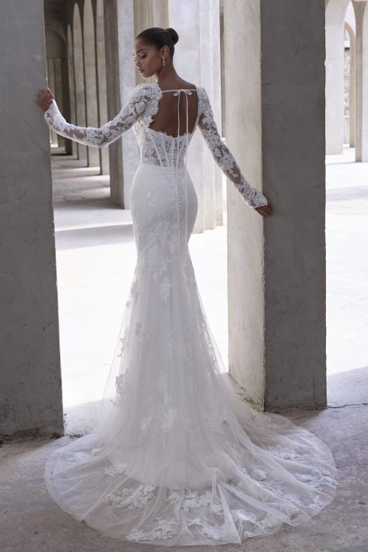 Morilee fit and flare wedding dress Vasiliki style 2940 a lace corset bodice.