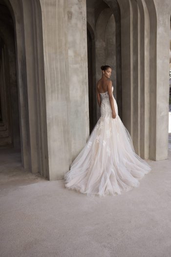 Maliska 2969 Morilee fit and flare wedding dress with floral appliques and detachable puff shawl