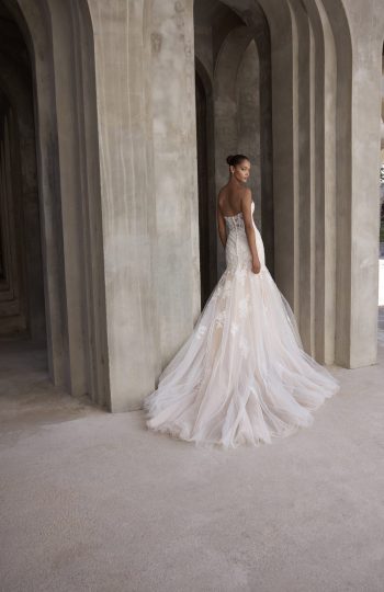 Maliska 2969 Morilee fit and flare wedding dress with floral appliques and detachable puff shawl
