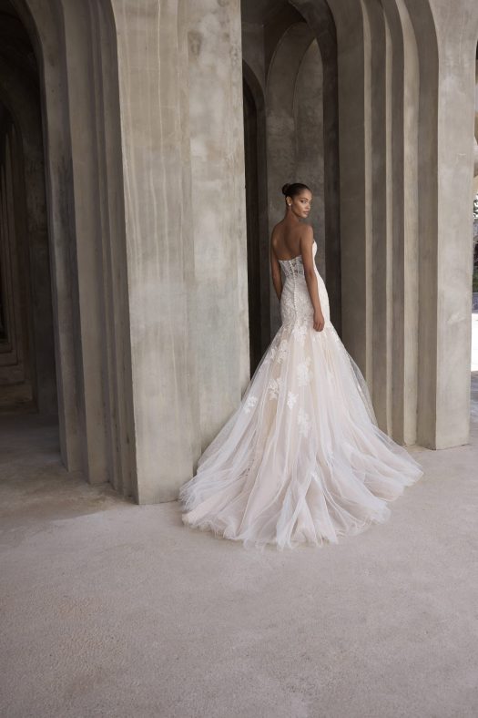 Maliska 2969 Morilee fit and flare wedding dress with floral appliques and detachable puff shawl