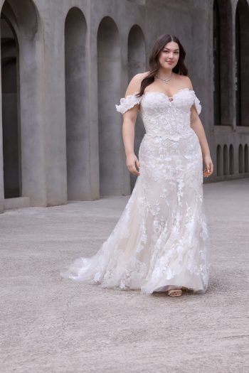 Morilee Livia 3476 strapless wedding dress with detachable off-the-shoulder sleeves.