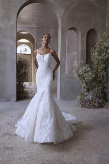 Morilee Selene 2904, mermaid wedding dress with floral appliqued tulle, scoop neckline, illusion side cut outs and an open back.
