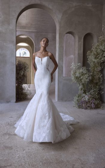 Morilee Selene 2904, mermaid wedding dress with floral appliqued tulle, scoop neckline, illusion side cut outs and an open back.