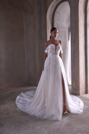 Morilee Filippa 2979, A-line wedding dress with plunging sweetheart neckline and off-the-shoulder straps.