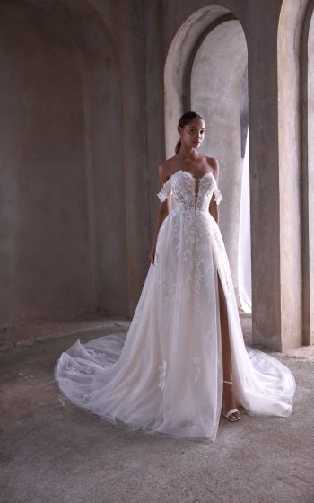 Morilee Filippa 2979, A-line wedding dress with plunging sweetheart neckline and off-the-shoulder straps.