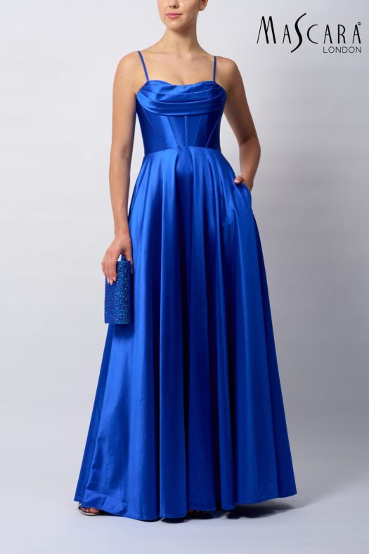 Style MC12429 A-line satin Royal blue prom dress with pockets.