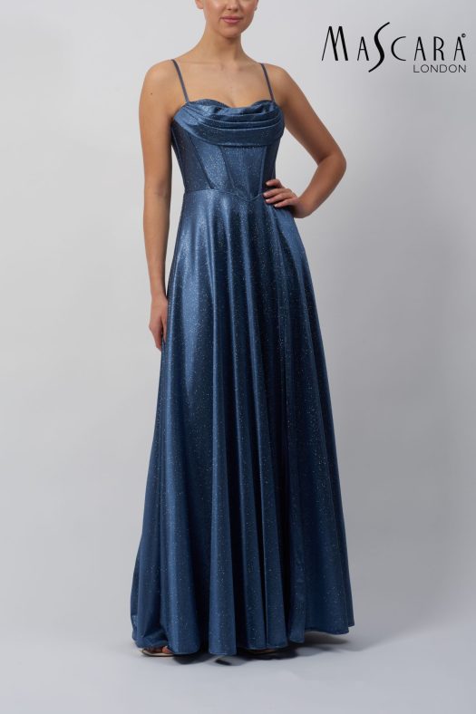 Style MC12338 Satin A-line prom dress with a boned drape bodice.