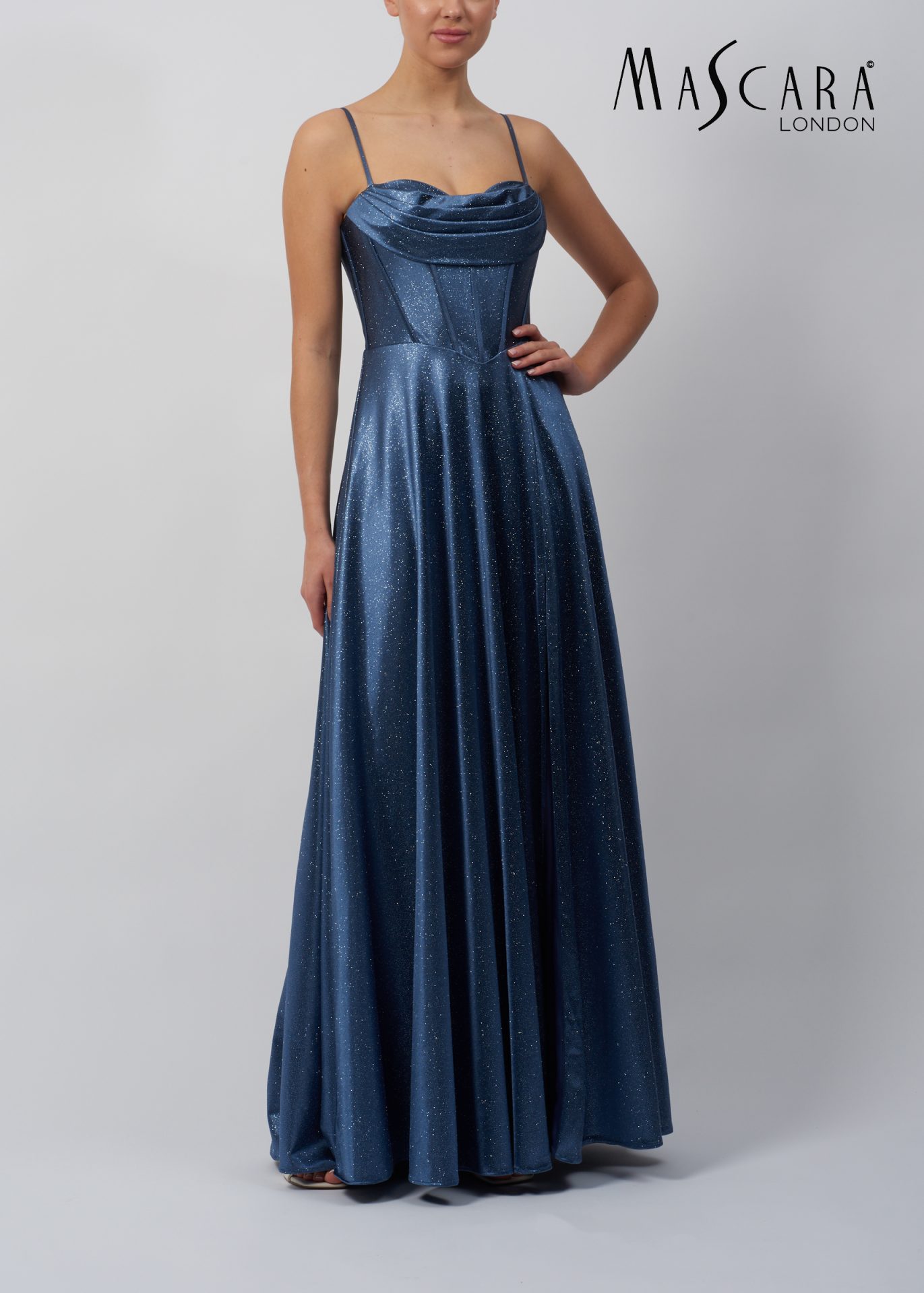 MC12338 Style MC12338 Satin A-line prom dress with a boned drape bodice.