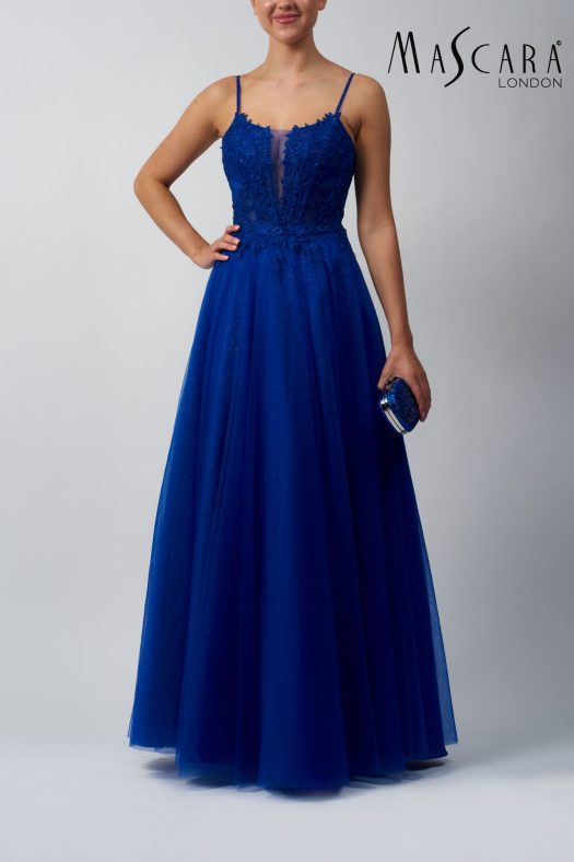 Style MC119511 A-line tulle prom dress with a lace bodice and tie-up back detail.