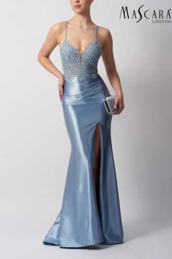 MC11449 fitting satin and lace prom dress with a tie back and side split.