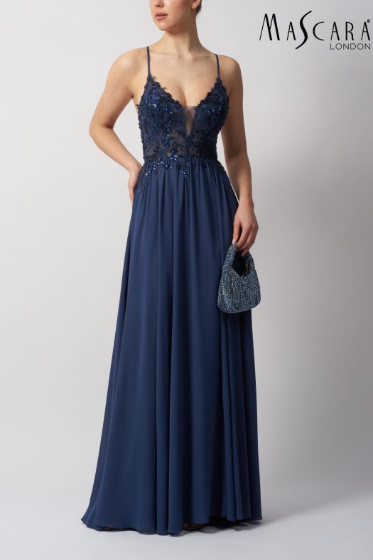 MC114414 Aline chiffon and lace Prom dress with tie back detail.