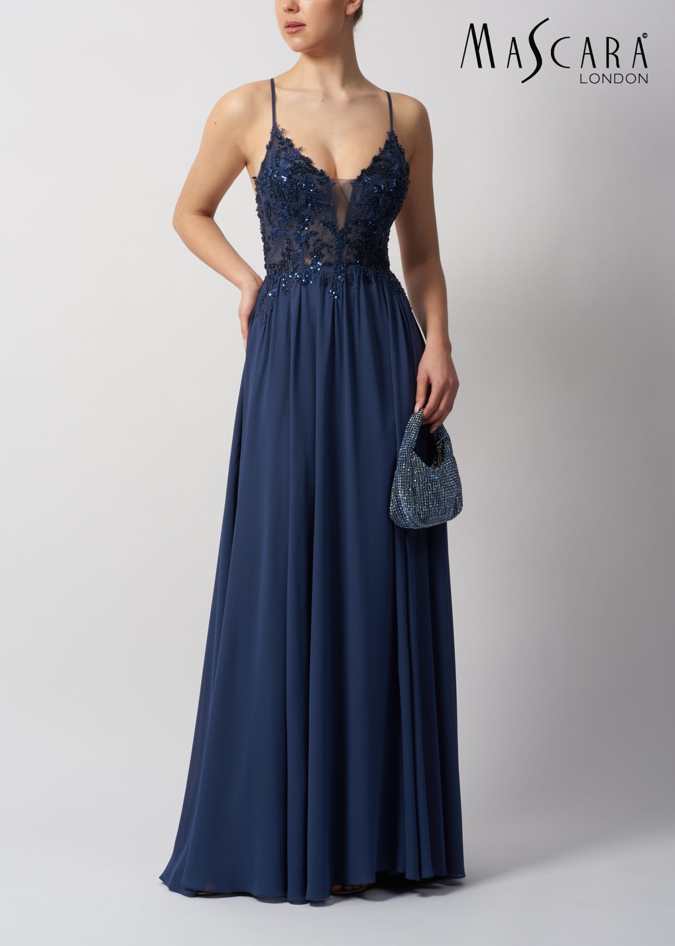 MC114414 MC114414 Aline chiffon and lace Prom dress with tie back detail.