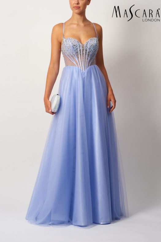 MC113515 A-line tulle prom dress with a boned sparkle bodice, thin straps and a tie-up back.