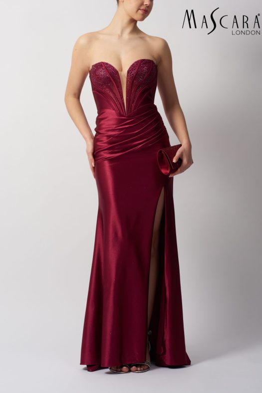 Style MC113443 fitted satin prom dress with plunge neckline and beaded top.