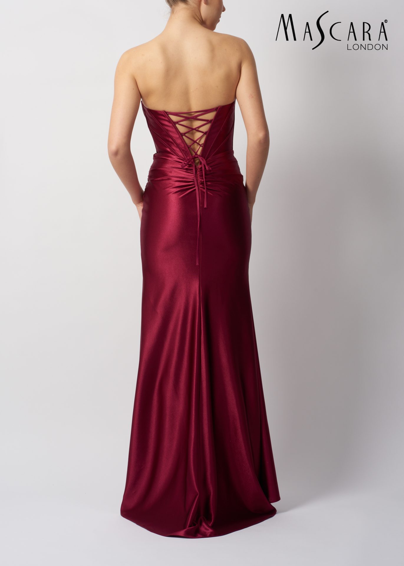 MC113443 Style MC113443 fitted satin prom dress with plunge neckline and beaded top.