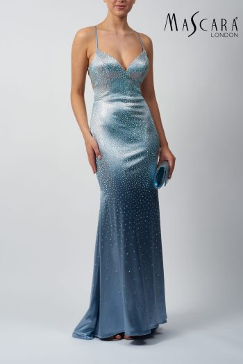 MC11327 A fitting satin beaded prom dress with a tie-up back.
