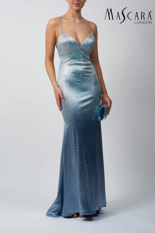 MC11327 A fitting satin beaded prom dress with a tie-up back.