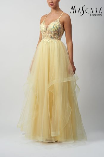 MC11323 A-line tulle prom dress with thin straps, sparkle floral lace, a tiered ruffle skirt and tie-up back.