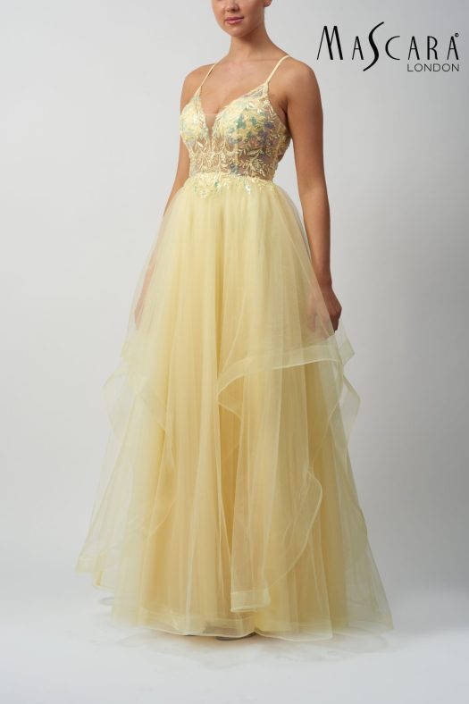 MC11323 A-line tulle prom dress with thin straps, sparkle floral lace, a tiered ruffle skirt and tie-up back.
