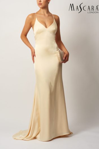 MC19017 A fitted satin prom dress with a low tie-up back