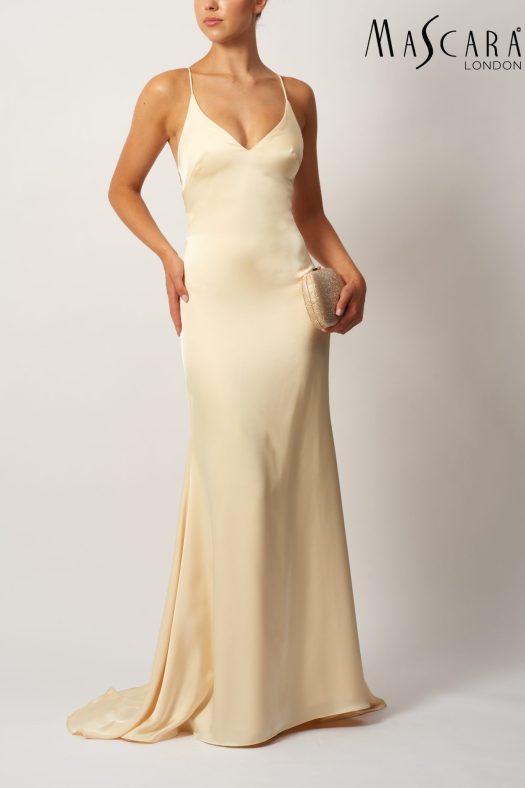 MC19017 A fitted satin prom dress with a low tie-up back