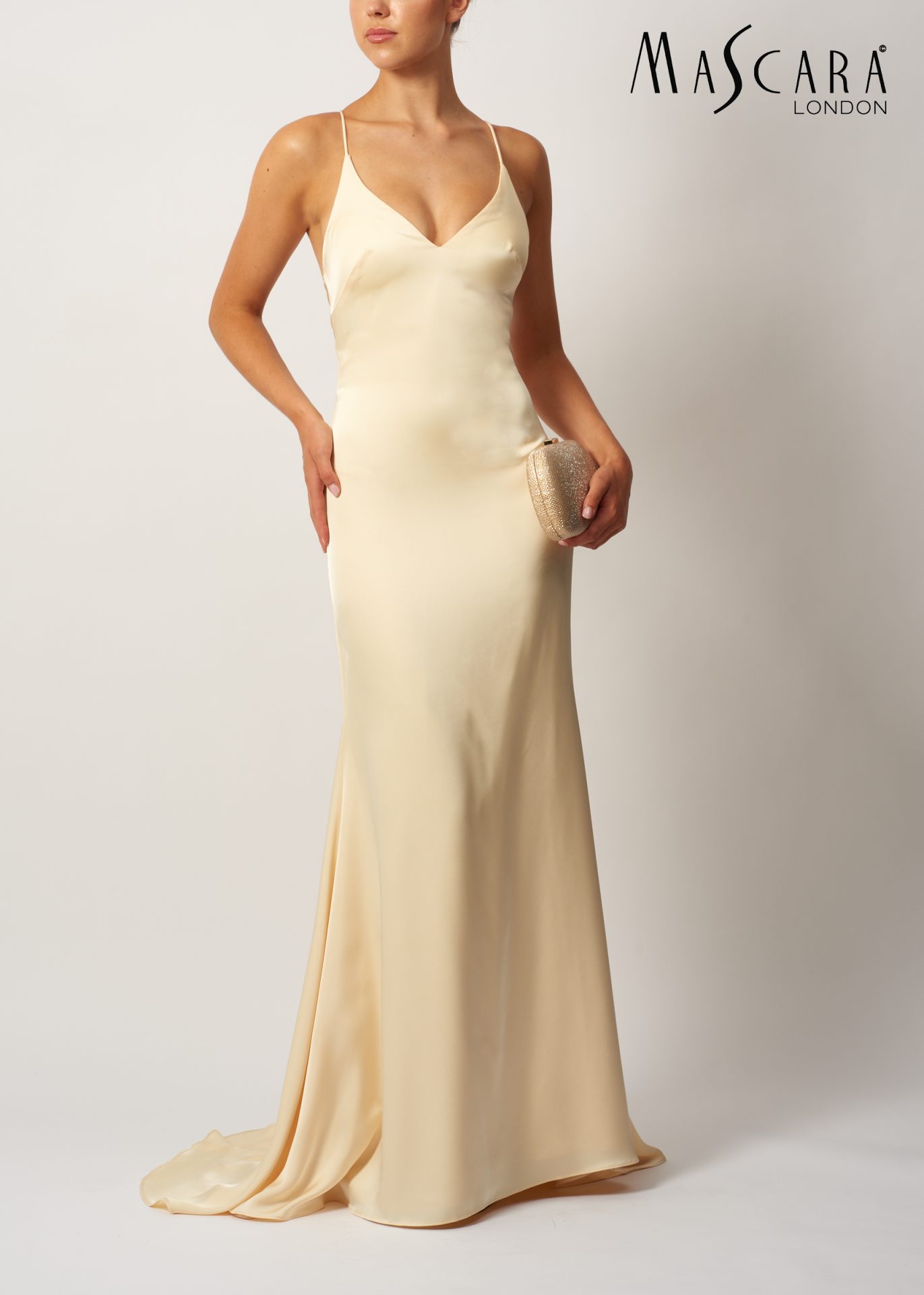 MC192017 MC19017 A fitted satin prom dress with a low tie-up back