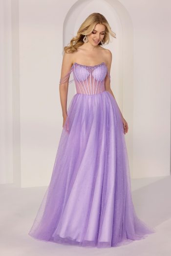 A-line Morilee prom dress. A beaded sheer midriff corset with a scoop neckline.