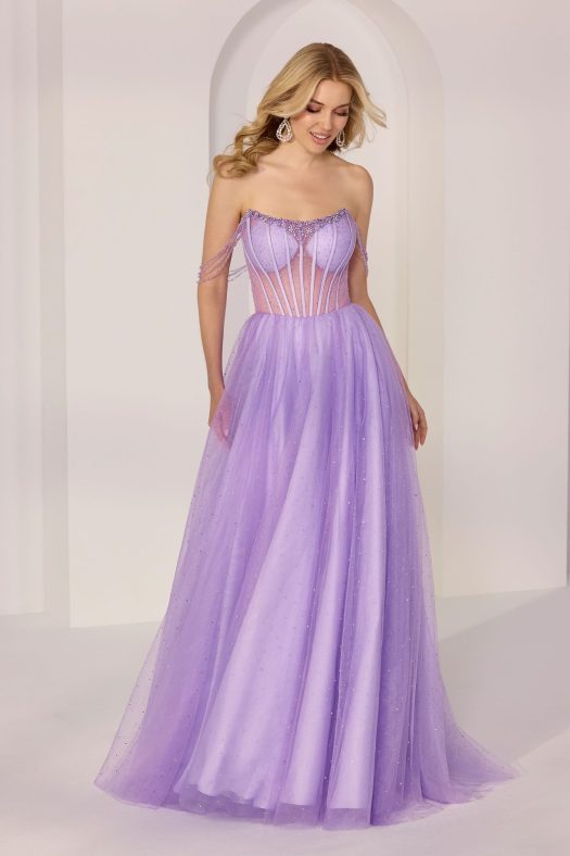 A-line Morilee prom dress. A beaded sheer midriff corset with a scoop neckline.