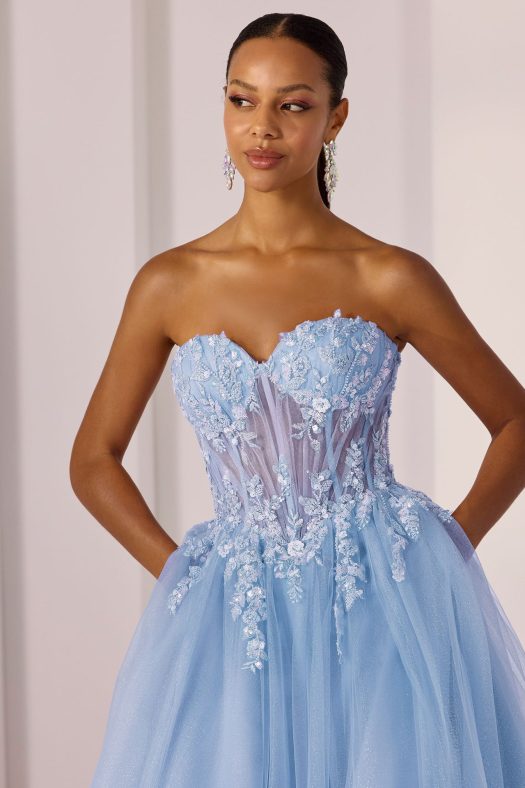 Ballgown Morilee beaded prom dress. Sheer sequin basque with a sweetheart neckline.