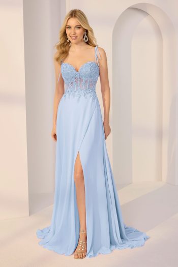 A-line chiffon Morilee prom dress with a sheer lace bodice.