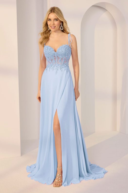 A-line chiffon Morilee prom dress with a sheer lace bodice.