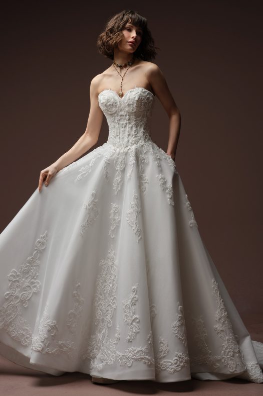 Gwyneth, Sottero and Midgley ballgown wedding dress with beaded lace motifs, soft pear and embroidered florals and glitter tulle.