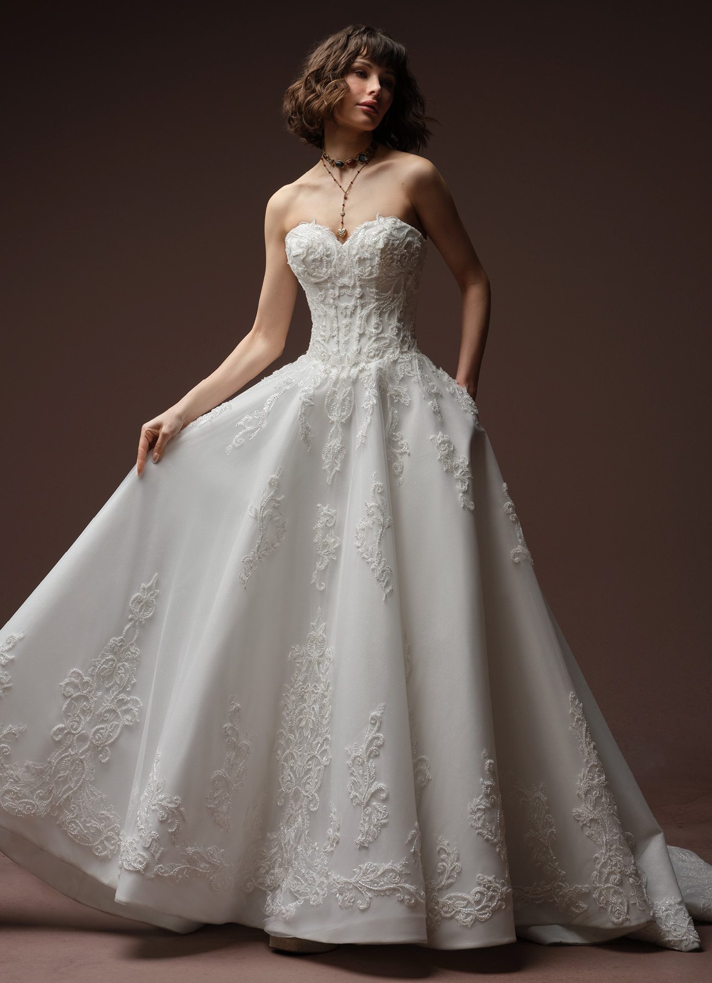 Gwyneth Gwyneth, Sottero and Midgley ballgown wedding dress with beaded lace motifs, soft pear and embroidered florals and glitter tulle.